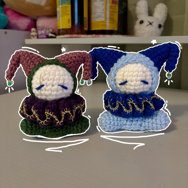 Handmade Crochet Jester Plushie – Whimsical Amigurumi Clown Doll in Forest or Frost Colorway
