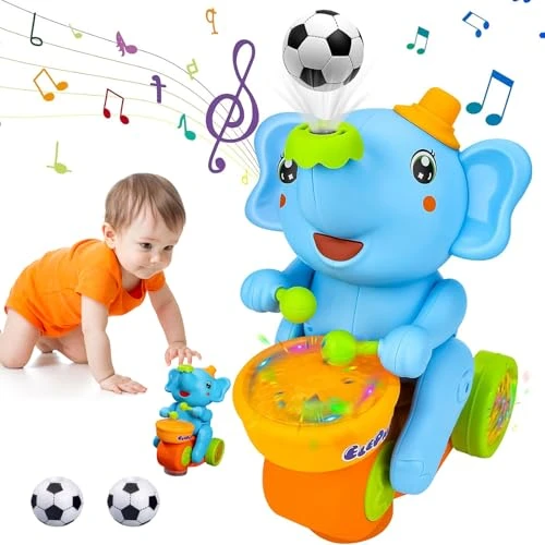 Jouets Musicaux à Ramper Pour Bébés, Marche Bebe Jouet Bebe 1 An, Jouet Tambour Eléphant Souffler Ballon, Jouets Montessori Pour Bébés Avec Lumière, Jouets Éducatifs Pour Garçons Et Filles (bleu)