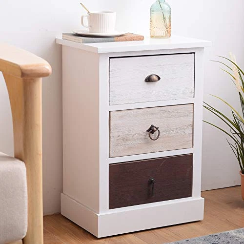 Rebecca Mobili Table de Chevet 3 Tiroirs, Table de Buit Petit Espace Blanc Noir Beige, Style Shabby - Dimensions: 53,5 x 37 x 27 cm (HxLxL) - Art. RE4309