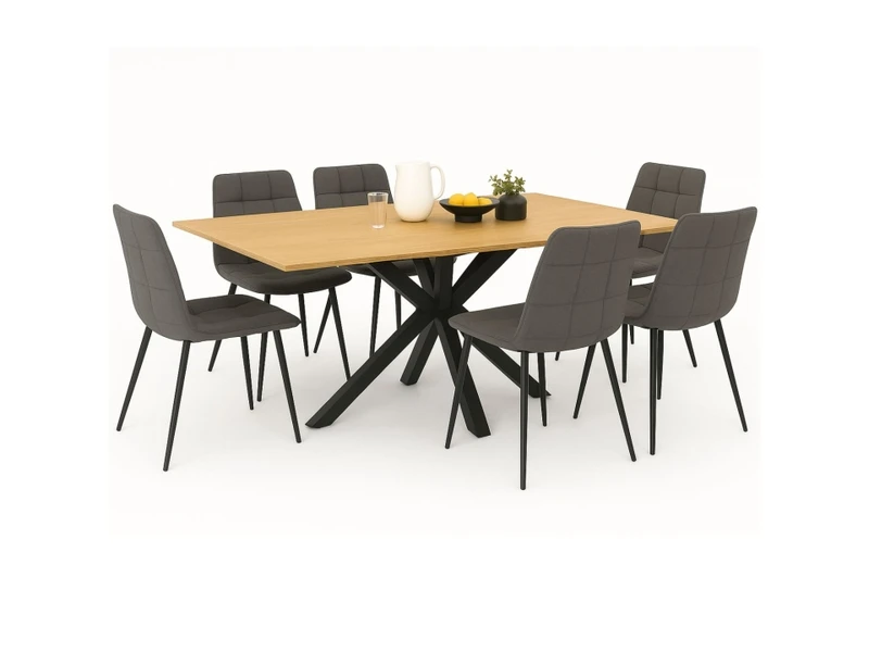 Ensemble table à manger rectangle alix 160 cm bois et noir et 6 chaises mila en velours gris foncé