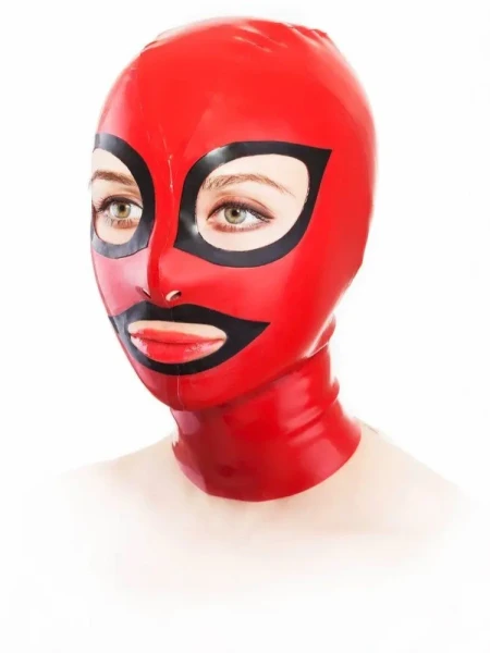 Masque en latex avec fermeture éclair au dos et yeux et bouche contrastés