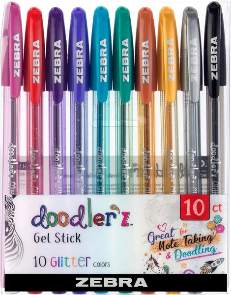 Zebra Pen Doodlerz Stylo gel à pointe grasse 1 mm Assortiment de couleurs paillettes 10 pièces