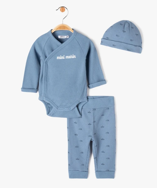 Ensemble naissance évolutif 3 pièces : body + legging + bonnet bébé