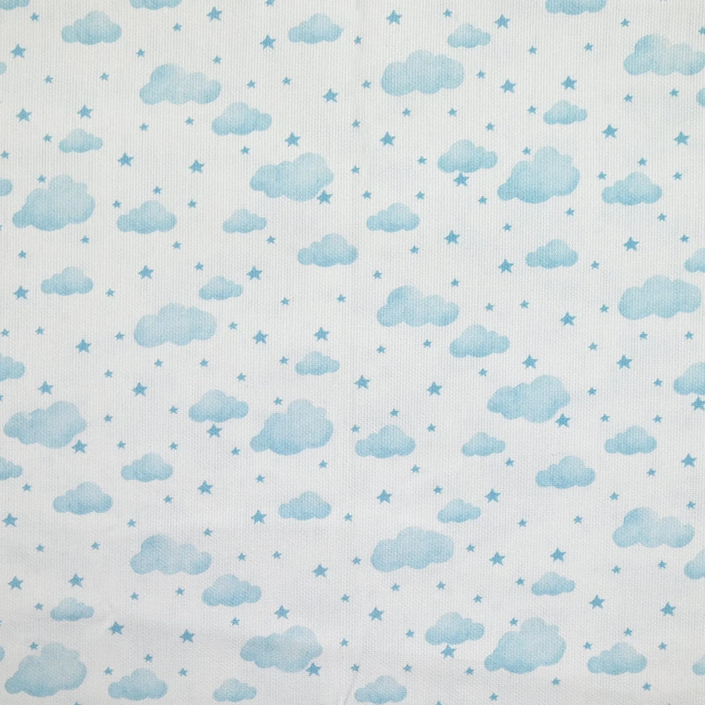 Piqué de coton imprimé nuage et étoile bleu clair