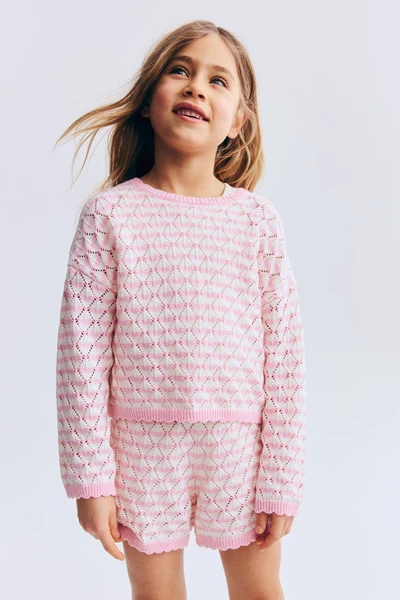 Ensemble 2 pièces en maille pointelle - Rose clair/rayé - ENFANT | H&M FR