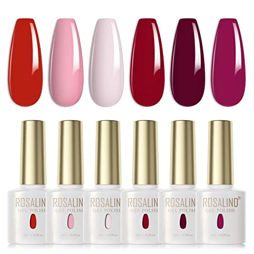 ROSALIND Vernis Semi Permanent Rose Clair Rose Rouge Vin Rouge 6PCS Vernis à Ongles Gels Semi-permanents UV LED Soak Off Gel Nail Polish French Manucure