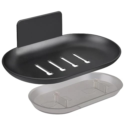 HONZUEN Support Savon Mural Auto-adhésif avec Bac d’Égouttement, Boîte à Savon INOX Antirouille sans Perçage, Accessoire de Douche et Cuisine pour Salle de Bain, Noir Élégant