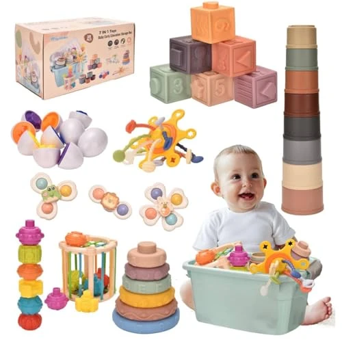 Majabike Jouets Bébés pour 6 à 12 Mois, Jeux montessoriii 1 an,Montessoriii Bebe eveil 9-18 Mois,Jouet sensoriel Bebe,avec Bebe Cube d'activité, œufs à associer, Jouet à Ventouse à Rotation,Nouveau