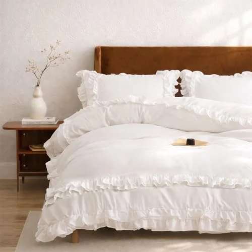 Wotcsil Housse de Couette Blanc 200x200cm à Volants avec Taies d'oreiller 65x65cm Parure de Lit Feuille de Lotus Romantique pour Femme Fille en Microfibre Douce Avez Fermeture Éclair