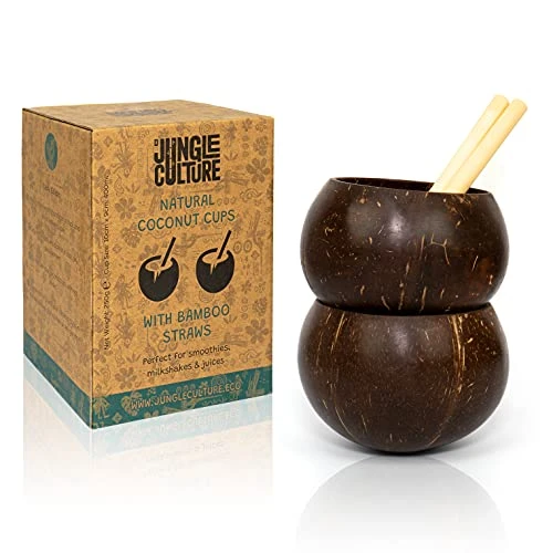 Jungle Culture® Tasses en Coquille de Noix de Coco véritable pour Cocktails et Smoothies • Bols en Noix de Coco et Pailles en Bambou • Tasse en Bois Naturel • Tasses Zéro Déchets • Gobelets à Boire