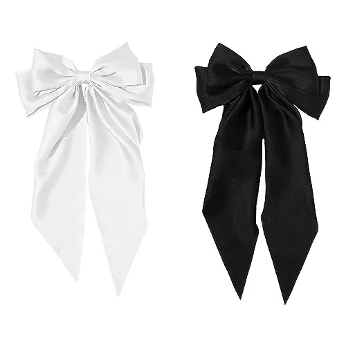 TRKETK 2 Pièces Arcs à Cheveux Grand Pinces, à Cheveux en Satin Doux et Soyeux Pour Saint-Valentin Fête Femmes et Fille Longue Queue Français Ruban Lolita Accessoires de Coiffure (Noir+Blanc)
