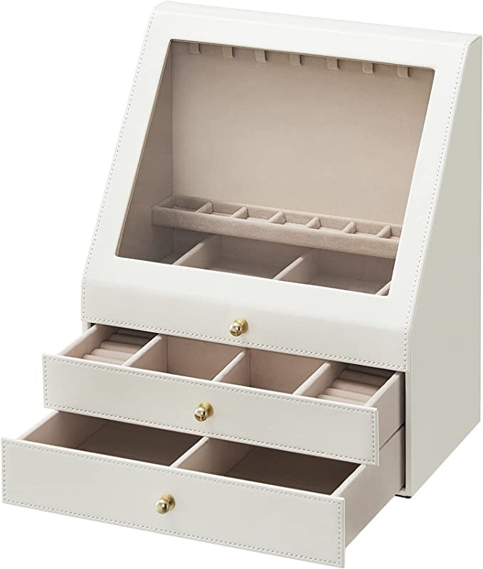 SONGMICS Boîte à Bijoux, Écrin à Accessoires 3 niveaux, Fenêtre en Verre Inclinée, 2 Tiroirs, Rangement pour Bijoux, Moderne, Présentation en Vitrine, Blanc Nuage JBC163W01 : Amazon.fr: Mode