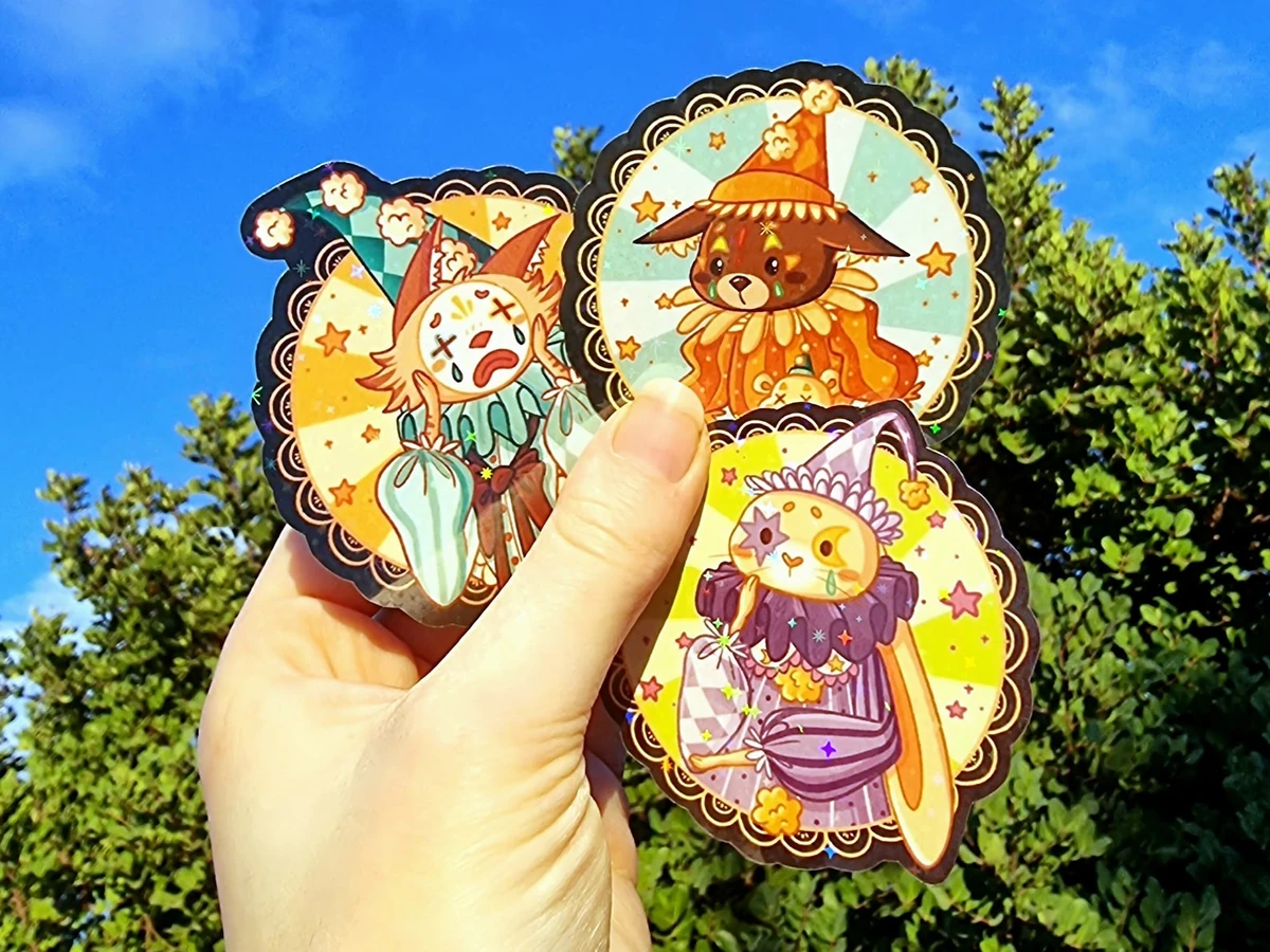 Waterproof Sad Clown Stickerset with Glitter :D - Cute Bunny and Cat Clown Stickers