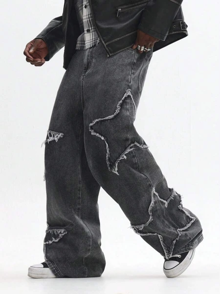 SUMWON Jeans amples à jambes larges avec motif d'étoiles extrême, effet délavé et déchiré, look vintage, style casual de rue, coupe ample | Mode en ligne | SHEIN FRANCE