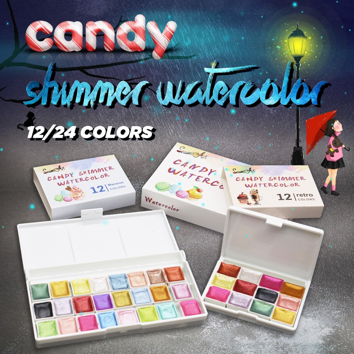 Boîtier de peinture à l'aquarelle, fourniture scolaire ou de bureau, ensemble composé de 12/24 pots de couleur scintillante, métallique, idéal pour artiste, outil de graffiti, matériel d'art, pigment solide, Seamiart