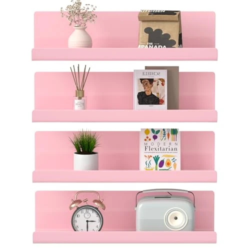 WELDUN Lot de 4 étagères murales flottantes - Affichage d'images - Étagères murales décoratives pour salon, chambre, salle de bain, cuisine, bureau à domicile, buanderie, plastique - Rose
