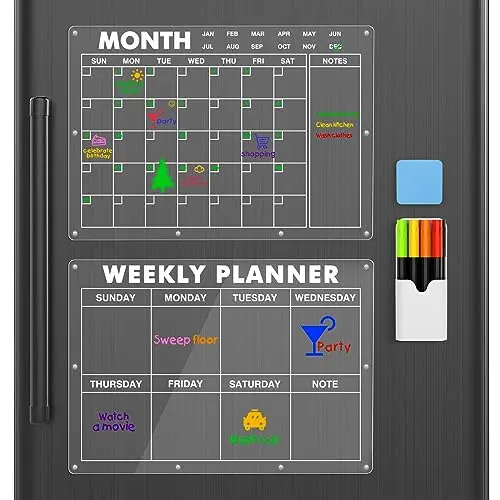 MoKo Calendrier Magnetique Frigo - Mensuel Tableau Magnetique Frigo, Hebdomadaire Planning Frigo Magnetique avec 8Marqueurs Colorés &amp; 1Gomme &amp; 1Support, Transparent