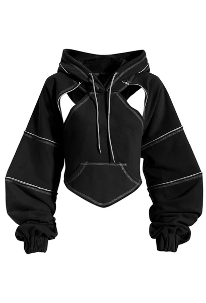 撞色明线短款连帽卫衣女2023春季叠穿罩衫坎肩hiphop潮牌长袖上衣