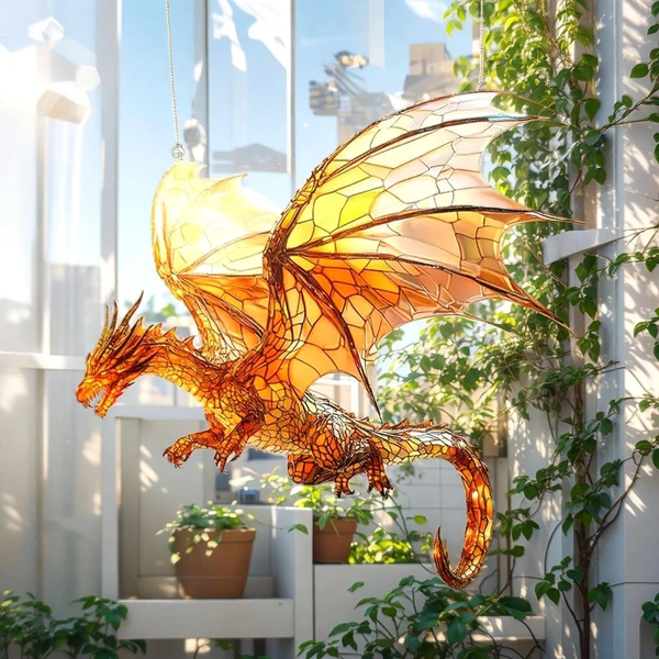 Dragon Suncatcher - Stained Glass Effect Acrylic Window Hanging - Fantasy Fire Dragon Sun Catcher Gift