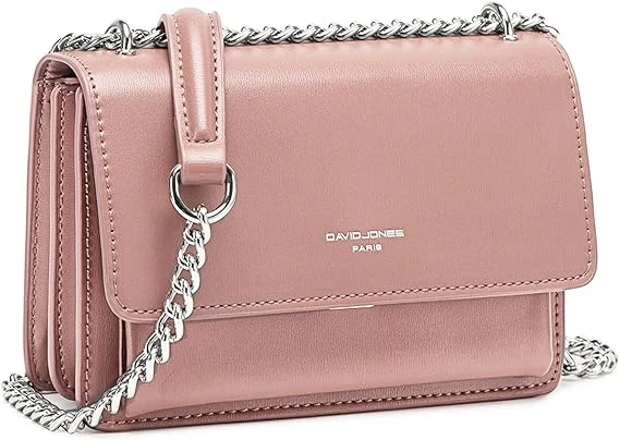 David Jones - Petit Sac Bandoulière Femme - Mini Pochette Téléphone Portable Cuir PU Rigide - Sac à Main Chaînes Porté Epaule - Besace Rectangle Sacoche Soirée Shopping Ville Tendance - Rose