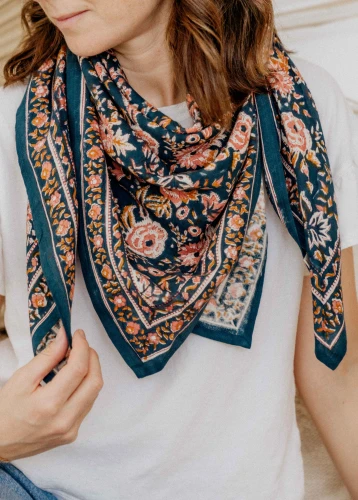 Foulard femme imprimé au Blockprint - Goa Lagon - Bindi Atelier - Bindi Atelier