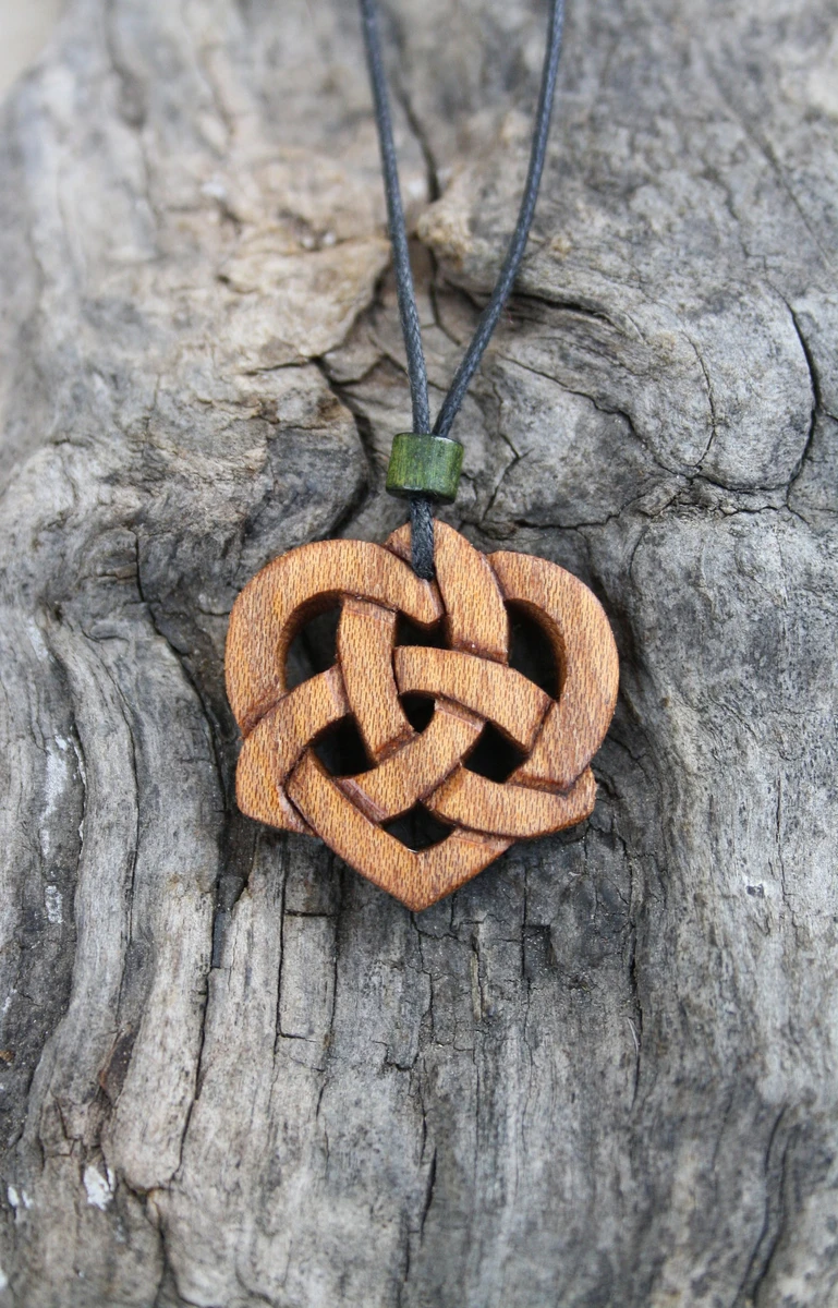 Irish Trinity Celtic Heart Wooden Necklace, Irish Elm Carved Celtic Knot Pendant, Unique 5 Year Anniversary Wood Gift Made In Ireland