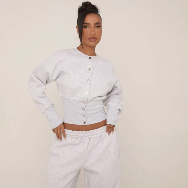 Long Sleeve Popper Detail Cinched Waist Sweatshirt In Grey
