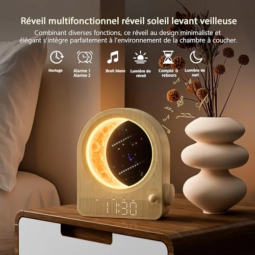blonbar Lampe de Lune avec Réveil Lumineux,lampe de chevet avec 3 niveaux de luminosité, Lampe de réveil avec réveil lumière du jour,10 sons de la nature pour l'ambiance de la chambre à coucher
