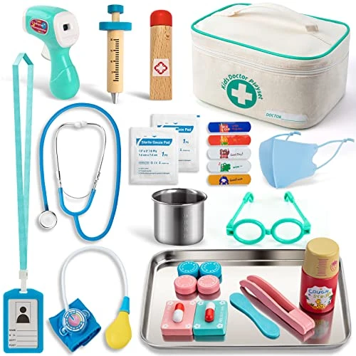 Sundaymot Malette Docteur Enfant Jouet, Medecin Outils avec Stéthoscope, Thermomètre, Seringue infrarouge et d’autres Accessoires en Bois, Jeu d'imitation Cadeau pour Fille Garçon Enfant 3 4 5 Ans