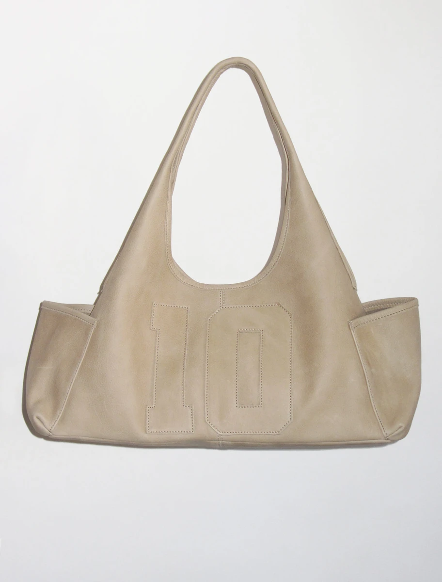 10YEARS BAG-Beige blue shoulder bag with two pockets