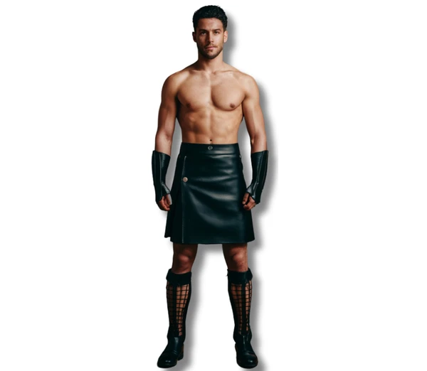 The Last Titan - Handmade Pure Black Leather Gladiator Kilt - Mens Gladiator Costume Roman Spartan Outfit - Gay Costume - Cowhide Leather Medieval Costume Kilt - Leather Cosplay Gift