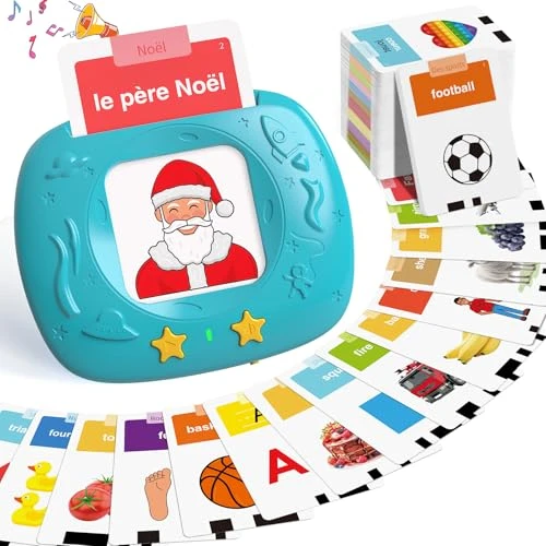 HOMESTEC Jouets éducatifs de la Parole pour Tout-Petits, Cartes-Flash réalistes améliorées, Mots visuels français avec Sons, Accent français, kit Jeu Montessori pour Enfants d'âge préscolaire (Bleu)