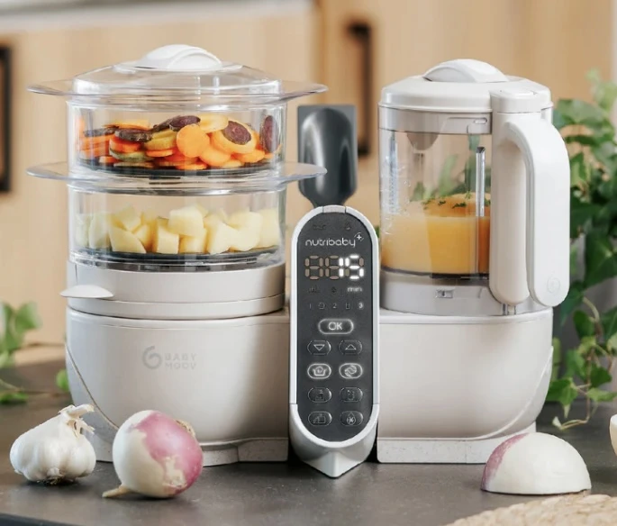 Babymoov Nutribaby(+) Beige + Lot 6 pots ISY BOWLS - Pots de Conservation en Verre Borosilicate Ultra Résistant - 250 ml - Robot Multifonctions pour Bébé 6 en 1 - Cuiseur vapeur - Mixeur