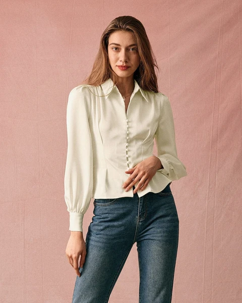 — rihoas, collared puff sleeve satin blouse XS