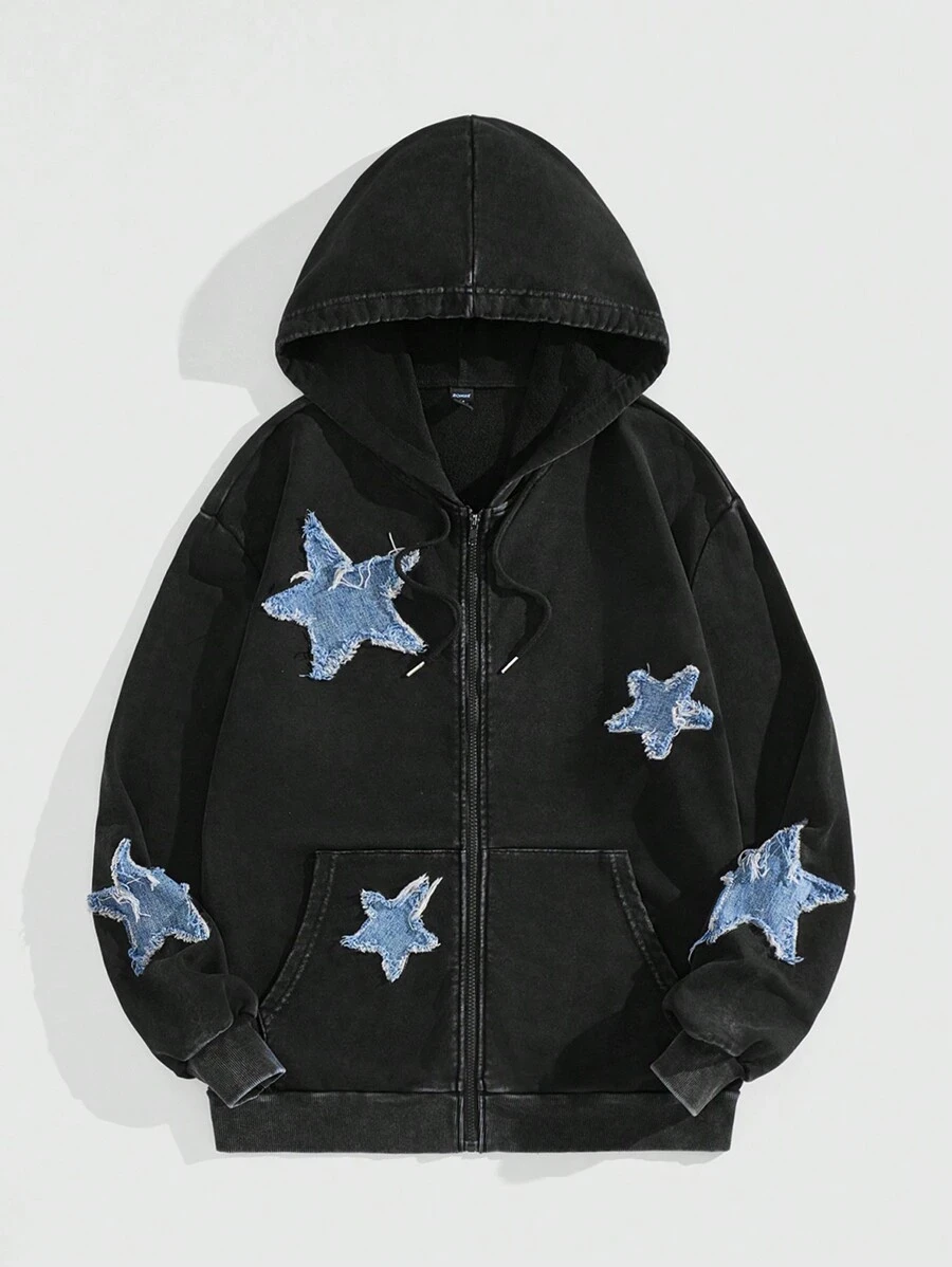 ROMWE MEN Prep Sweat-shirt à capuche pour hommes avec col montant, fermeture éclair, cordon de serrage et patch étoile automnal | Mode en ligne | SHEIN FRANCE