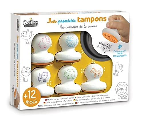 Créa Lign | Mes Premiers Tampons Animaux de la Savane | Coffret Créatif pour Tout-Petits dès 12 Mois | 5 Tampons en Mousse + 1 Encreur Lavable | Développe la Motricité Fine et la Créativité