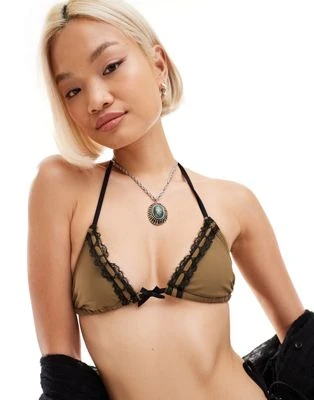 BIKINI COLLUSION - Haut de bikini d'ensemble style lingerie avec nœud et dentelle - Kaki