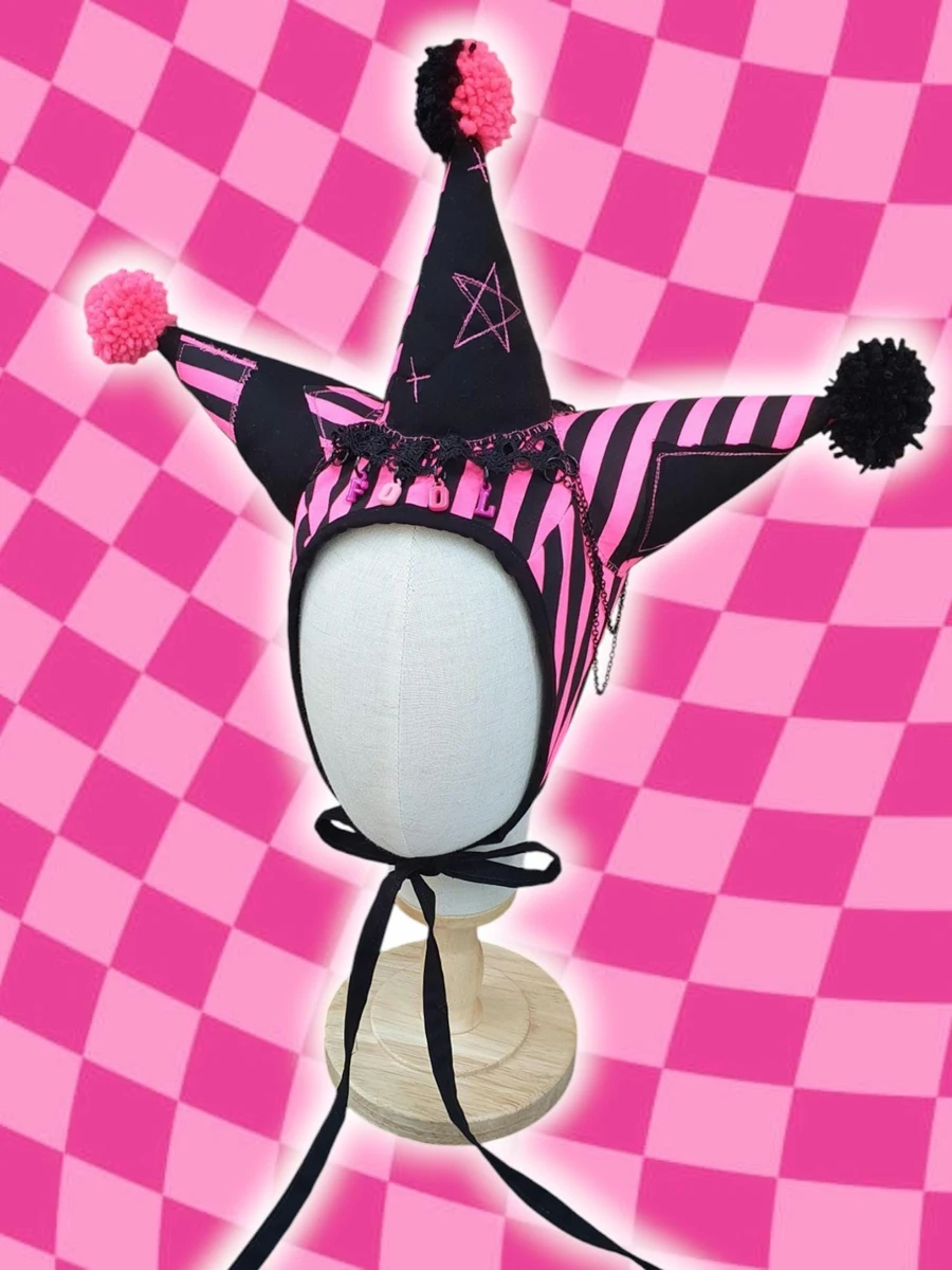 Fluorescent Fool ~ Handmade Jester Bonnet | Adult Sized | OOAK | Neon Pink and Black | Clowncore Weirdcore Hennin Hood