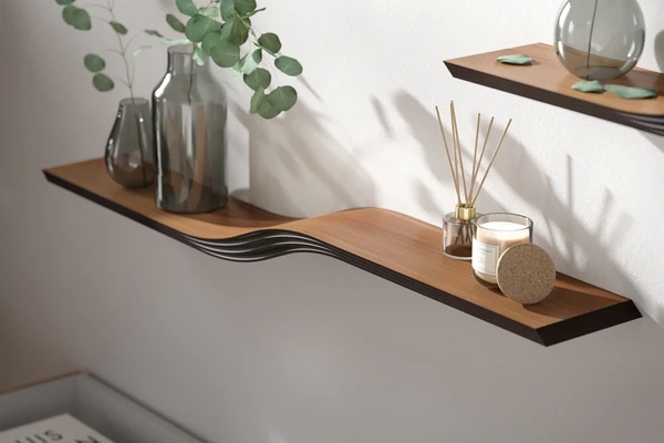 Étagère flottante à fixer au mur, étagères suspendues en noyer, étagère murale incurvée, étagères en bois sans support, étagère ondulée géométrique