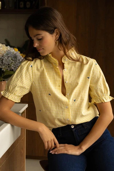 Blouse À Manches Courtes Femme En Vichy, Broderies Fleuries Et Volants - Jaune - Boutique Libertie
