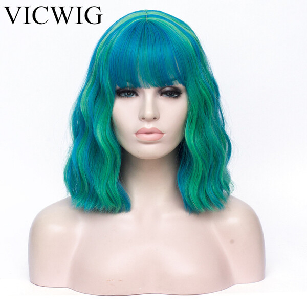 €11.87 44% de réduction|VICWIG cheveux courts ondulés Cosplay perruque avec frange vert bleu Orange rouge blanc bicolore perruques synthétiques pour les femmes | AliExpress