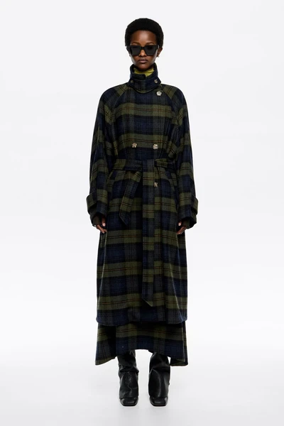 Manteau croisé double face carreaux kaki