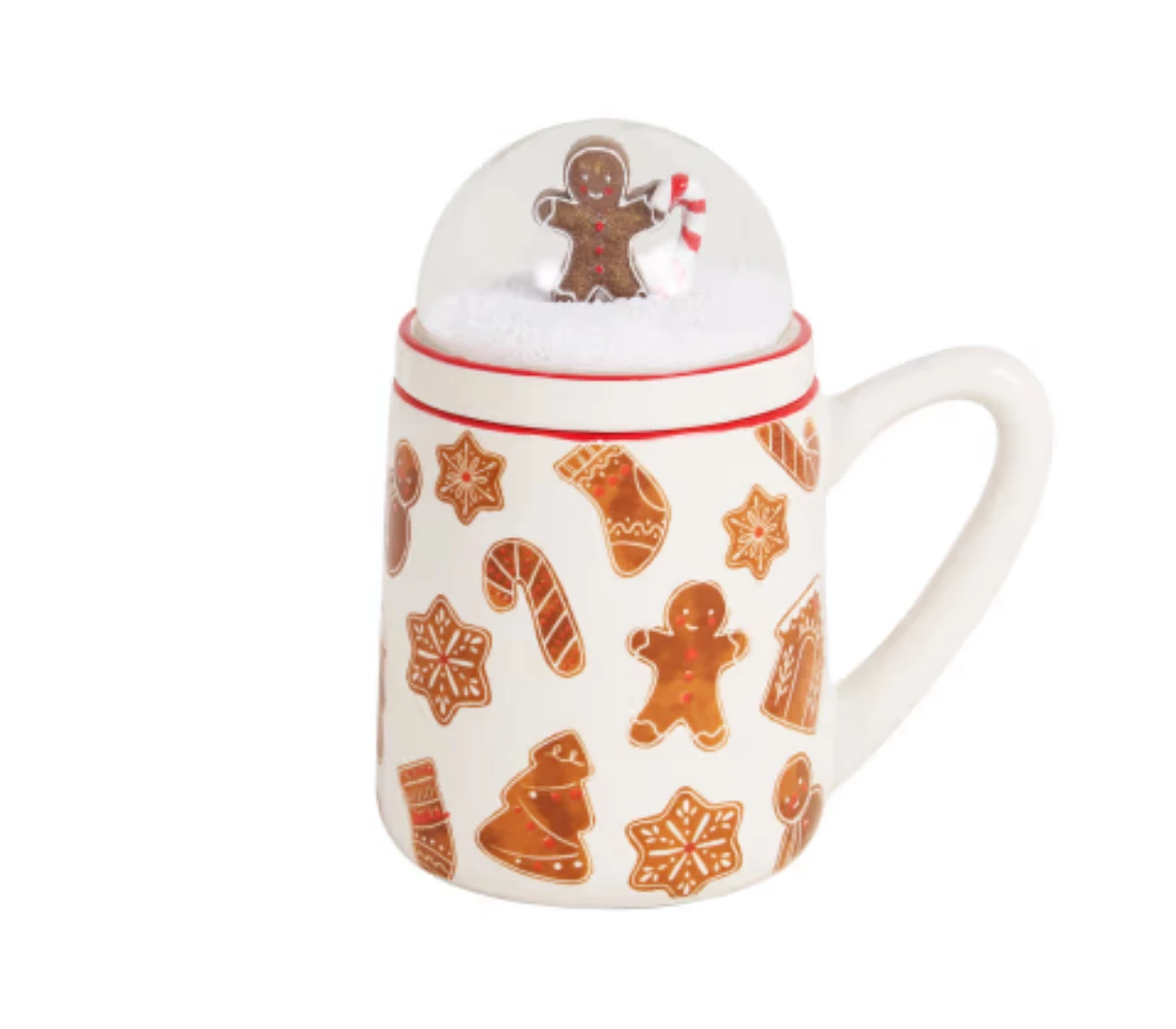 Mug en grès à motifs blancs, rouges, marron et couvercle boule à neig