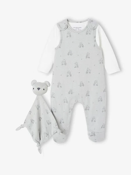 Ensemble 3 pièces naissance combinaison + body + doudou vert d'eau - Vertbaudet