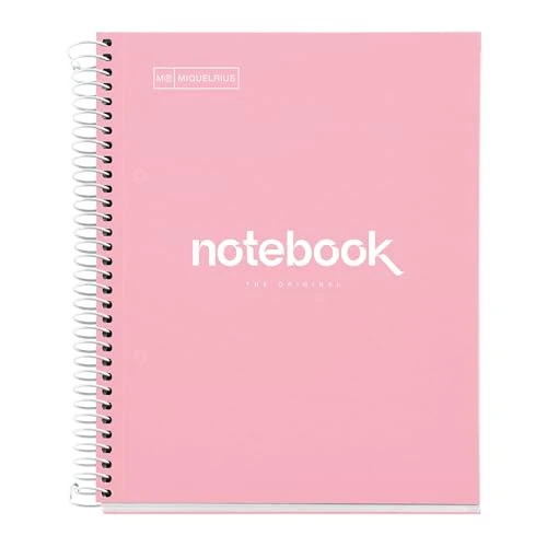 Miquelrius - Cahier A5 Carnet de Notes Emotions, 80 Feuilles 90 g/m², Rayure horizontale de 7 mm, 1 Bande de couleur, Spirale microperforée, Couverture extra-dure, 2 Trous, Couleur Rosa