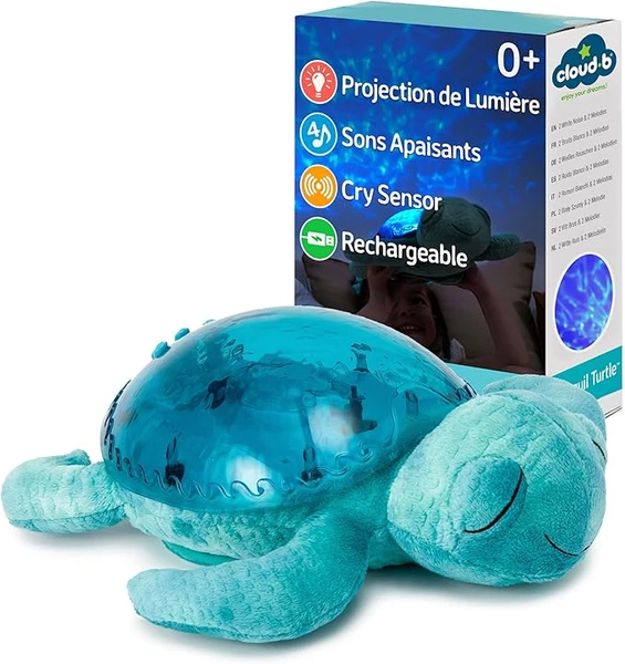 Cloud b Veilleuse projecteur océan avec 2 bruits blancs et 2 sons apaisants | Réglages réglables | Capteur de cri | Tortue tranquille – Aqua (rechargeable) [Classe énergétique A]