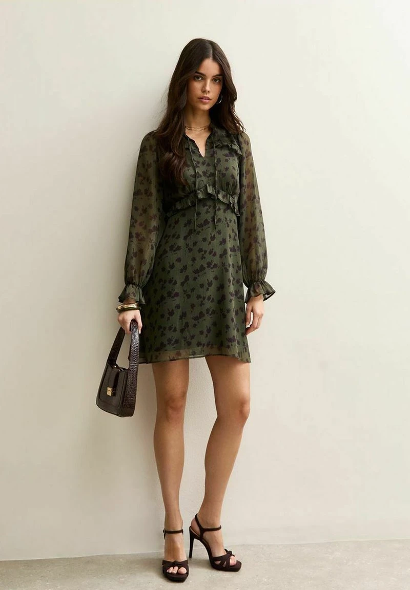 FLORAL LONG SLEEVE FRILL HIGH NECK MINI - Robe de jour - green pattern