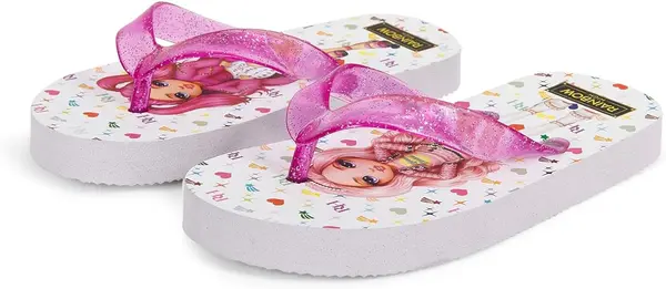 Sandales Fille Rainbow High Blanc et Rose Pailleté - Tong Enfant Confortables Légères Imprimé Bella et Stella - Claquette Fille imperméables Plage Mer Piscine en Caoutchouc