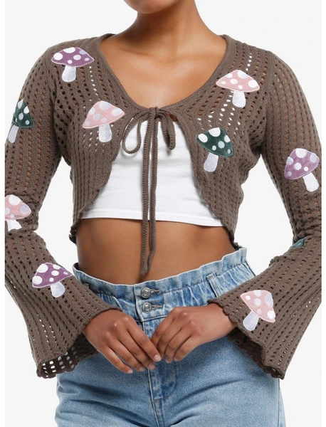 Thorn & Fable Mushrooms Tie-Front Girls Crop Cardigan