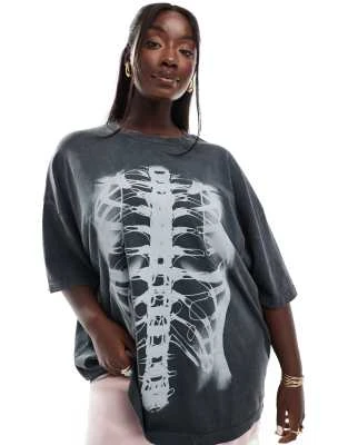 ASOS DESIGN Curve - Halloween - T-shirt oversize à imprimé radio de squelette - Anthracite délavé
